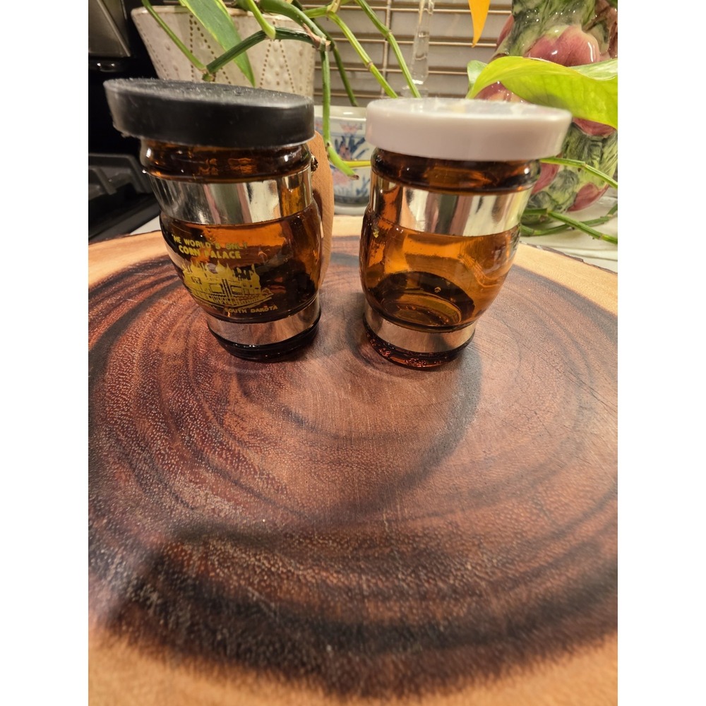 Vintage Amber Glass Barrel Salt And Pepper Shakers With Wooden Handles